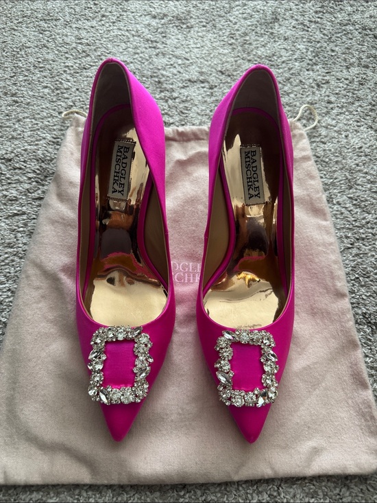 Badgley Mischka Shoes - Badgley Mischka Cher Fuchsia Satin Pointed Toe Pumps with Crystal Buckle